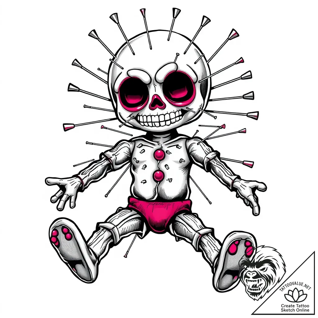 Voodoo doll pierced with needles, tattoo line... - style Flux Inscriptions - tattoo sketch (07.11.2025 22:43)