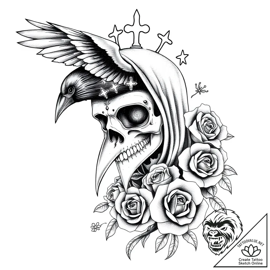 A plague doctor mask (is there, but can be a... - style Flux Inscriptions - tattoo sketch (07.11.2025 23:23)