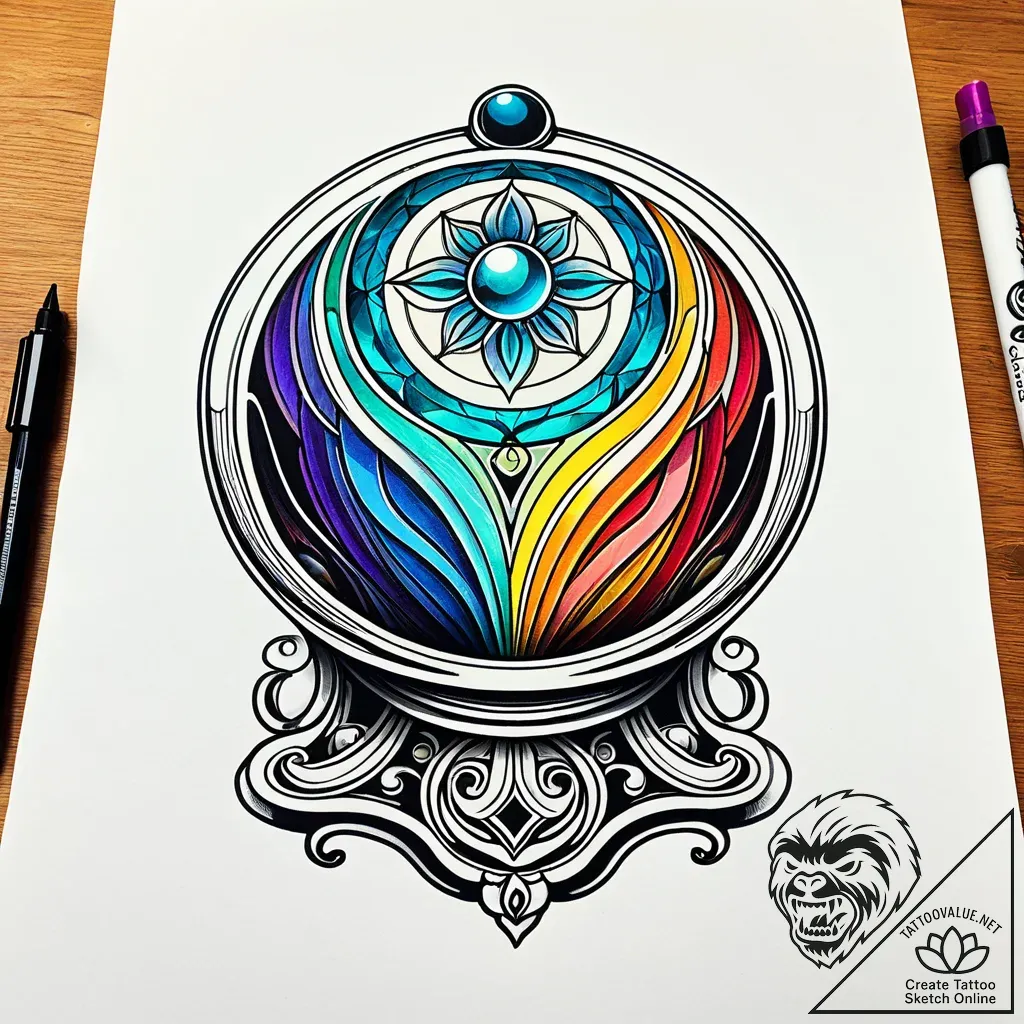 Crystal ball showing a vision, tattoo drawing... - style Jaeger Simple - tattoo sketch (08.11.2025 00:08)