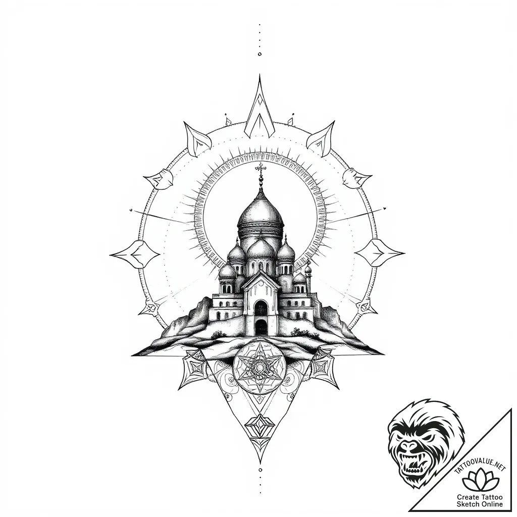 Monastery beneath spectral eclipse, ink illus... - style Flux Inscriptions - tattoo sketch (08.11.2025 00:43)