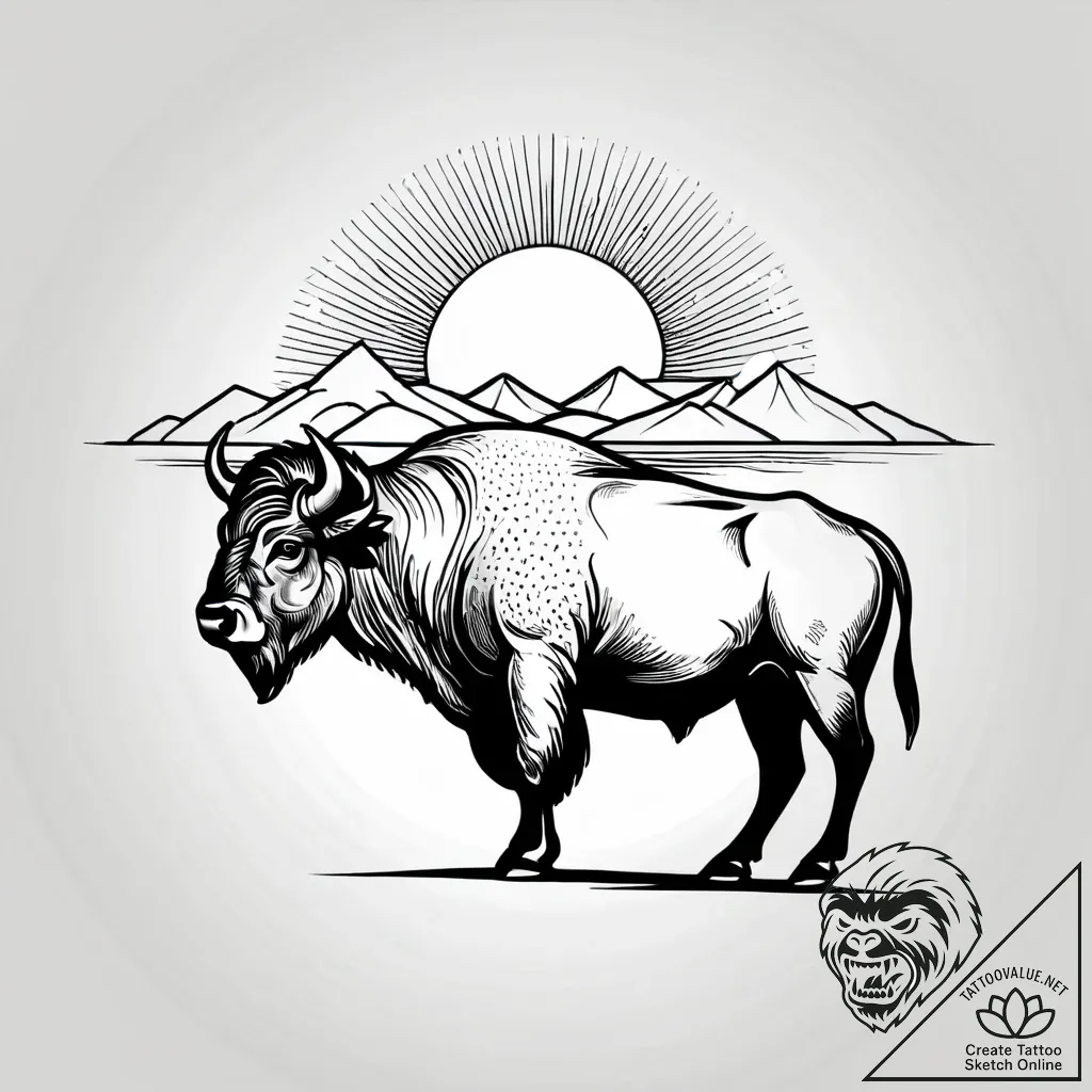 Bison silhouette against a prairie sunset, sy... - style Jagger Old - tattoo sketch (08.11.2025 00:58)