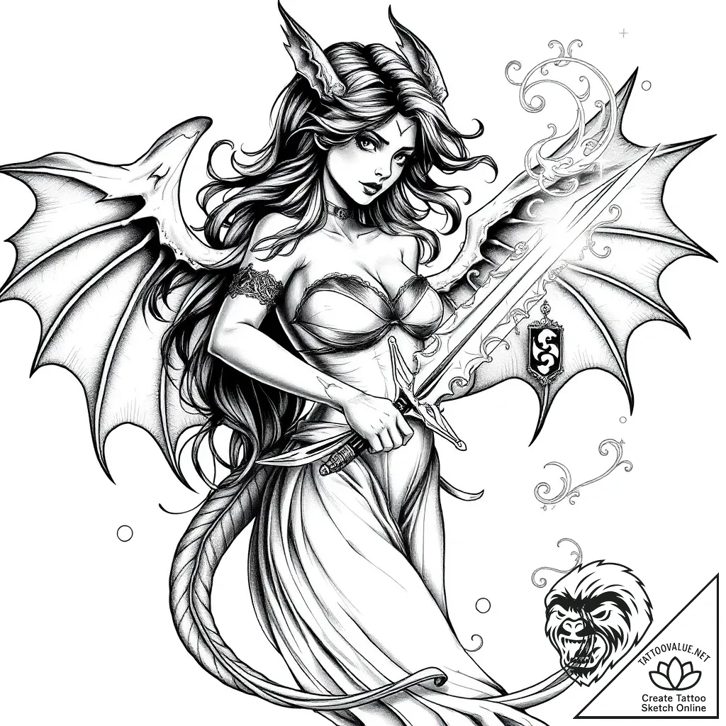 Tat tattoo sketch, fantasy lover with dragon... - style Flux Inscriptions - tattoo sketch (08.11.2025 02:03)