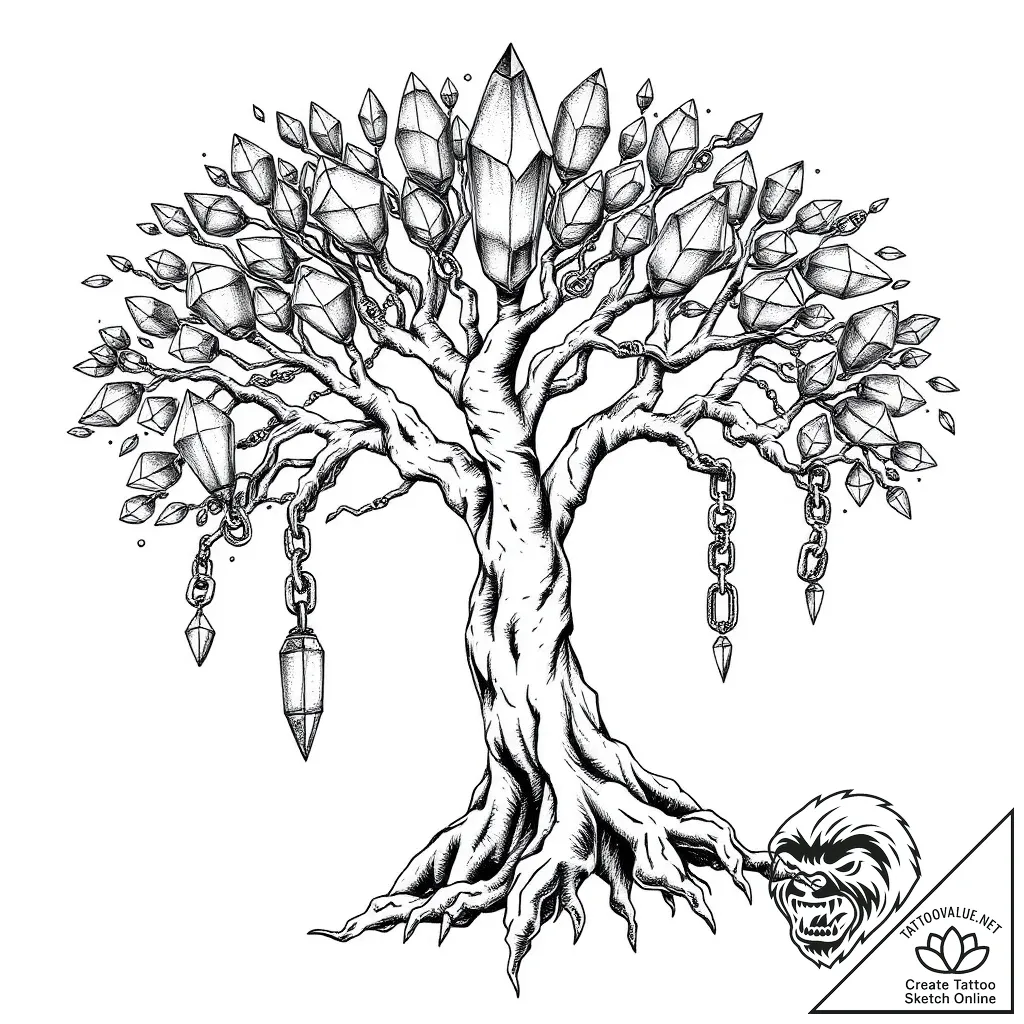 Quartz chain binding spectral tree, tattoo li... - style Flux Inscriptions - tattoo sketch (08.11.2025 02:23)