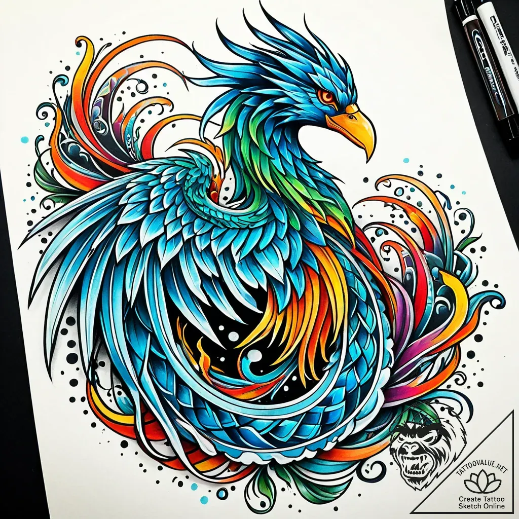 Animated ice phoenix with trailing frost, ink... - style Jaeger Simple - tattoo sketch (08.11.2025 02:53)