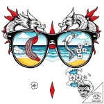 Sunglasses, reflecting a beach scene, tattoo… – style Flux Inscriptions – tattoo sketch (08.11.2025 03:30)