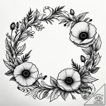 Poppy wreath beneath spectral sky, tattoo ske… – style Jaeger Simple – tattoo sketch (08.11.2025 03:32)