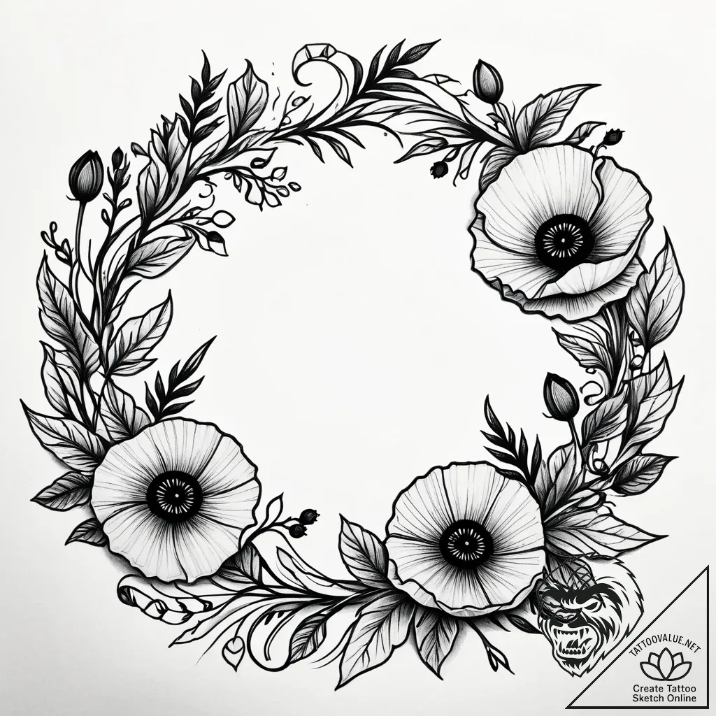 Poppy wreath beneath spectral sky, tattoo ske... - style Jaeger Simple - tattoo sketch (08.11.2025 03:32)