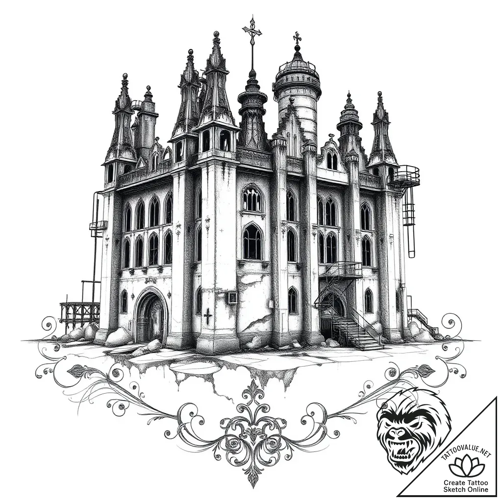 Russian prison-style tattoo of a cathedral, b... - style Flux Inscriptions - tattoo sketch (08.11.2025 04:08)