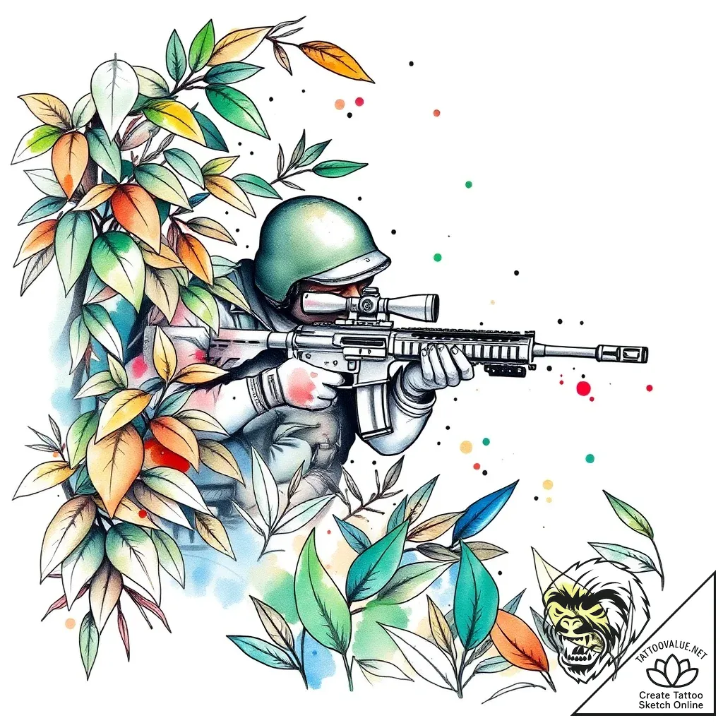 Sniper in a ghillie suit, almost invisible in... - style Flux Inscriptions - tattoo sketch (08.11.2025 05:08)