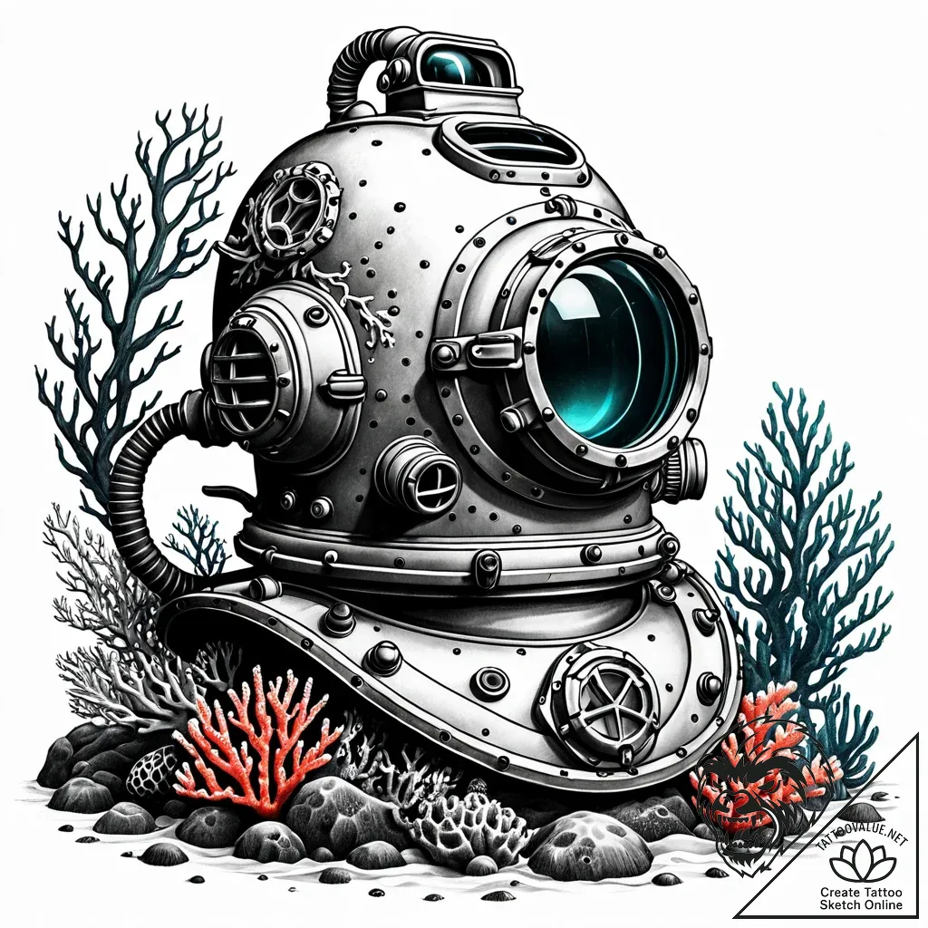 An old diving helmet overgrown with coral - style Jaeger Simple - tattoo sketch (08.11.2025 05:12)