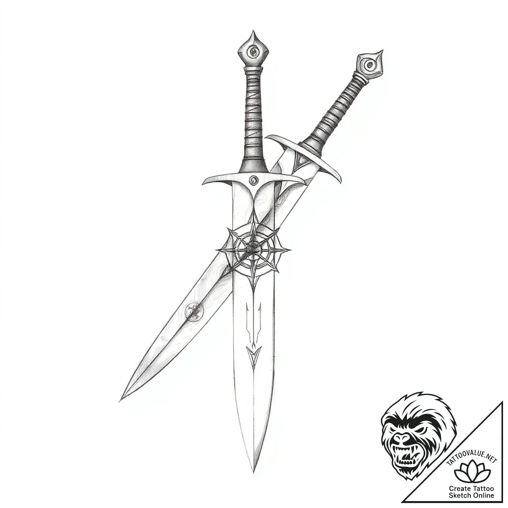 Gleaming blade echoing void sigils, tattoo sk... - style Flux Inscriptions - tattoo sketch (08.11.2025 05:28)