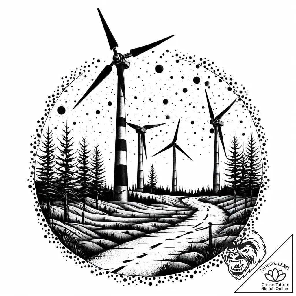 Wind turbine, broken and still, in a desolate... - style Jaeger Mini - tattoo sketch (08.11.2025 05:38)