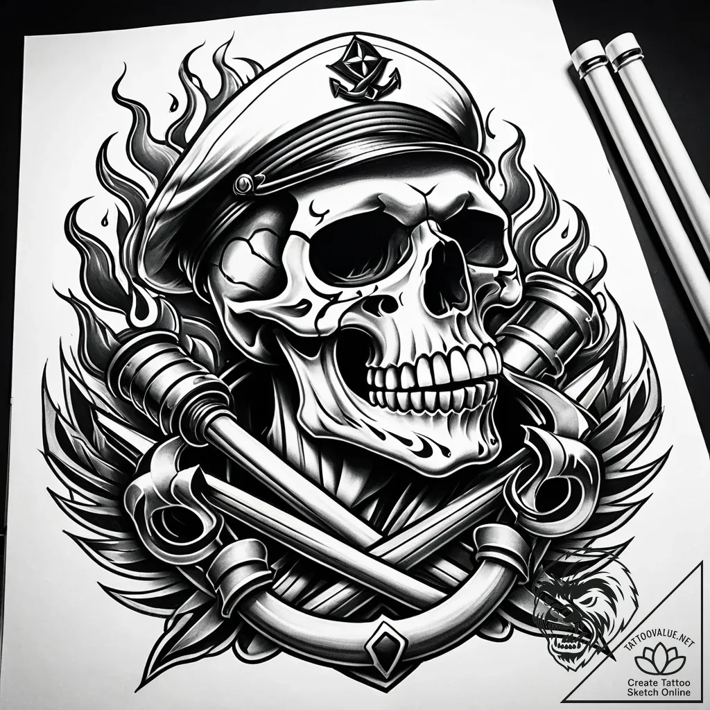 Tat tattoo sketch, biker skull with fiery eye... - style Jaeger Simple - tattoo sketch (08.11.2025 05:53)