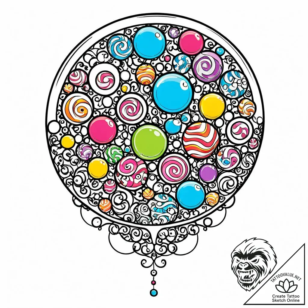 A whimsical bubble gum bubble, sweet,, tattoo... - style Jaeger Mini - tattoo sketch (08.11.2025 05:58)