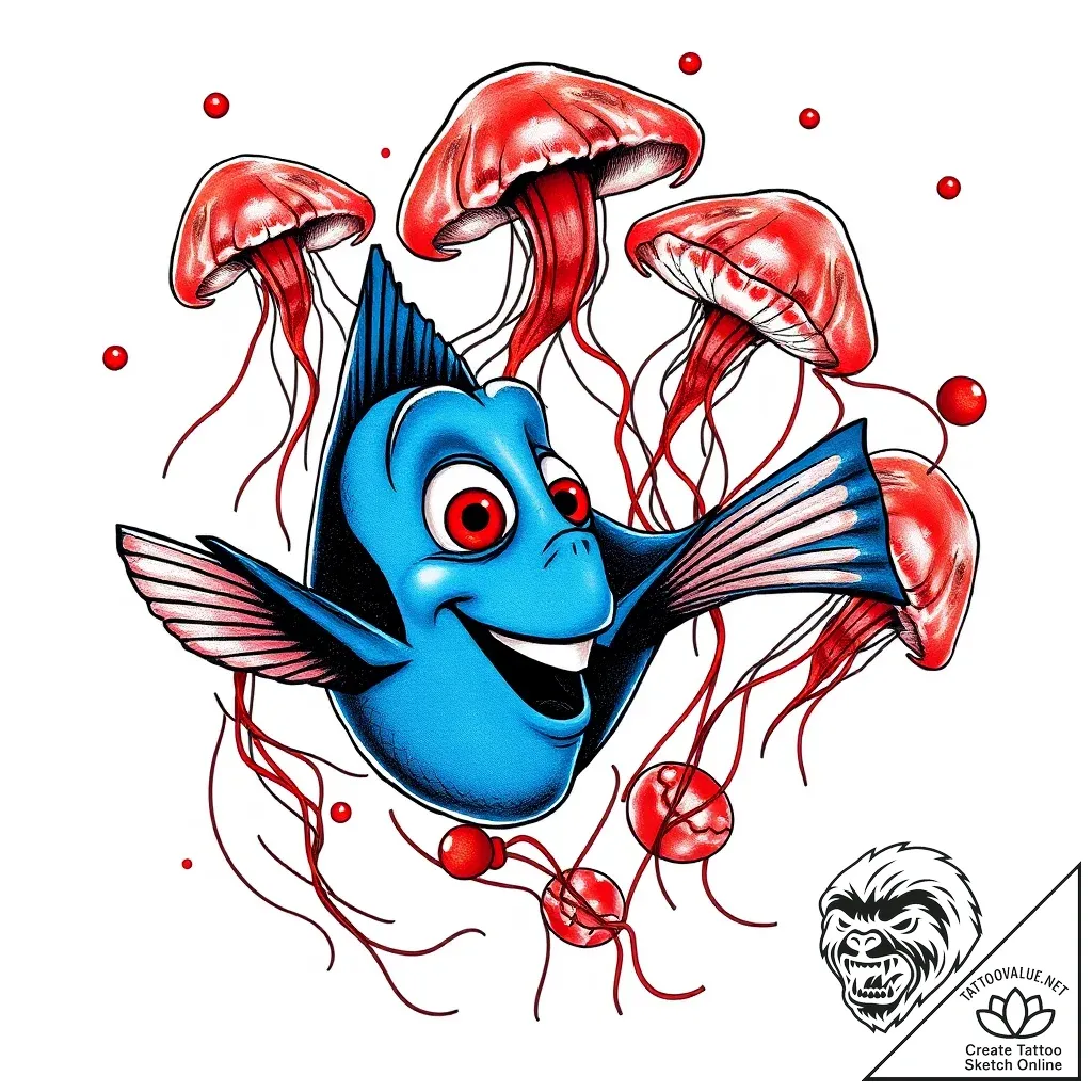 Eskizto, tattoo sketch, dory surrounded by je... - style Flux Inscriptions - tattoo sketch (08.11.2025 07:08)