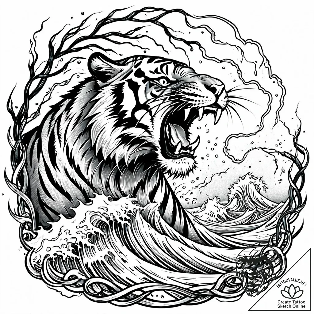 Tattoo sketch, tiger merging with crashing oc... - style Jaeger Mini - tattoo sketch (08.11.2025 07:17)