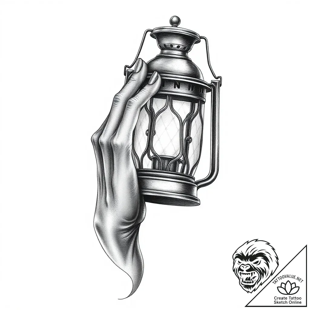 Lantern gripped by spectral hand, concept art... - style Flux Inscriptions - tattoo sketch (08.11.2025 07:48)