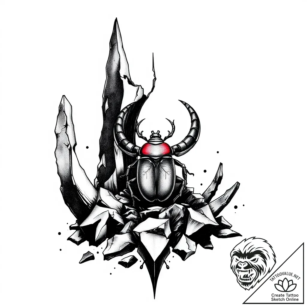 Scarab relic beneath shattered spire, tattoo... - style Flux Inscriptions - tattoo sketch (08.11.2025 08:08)