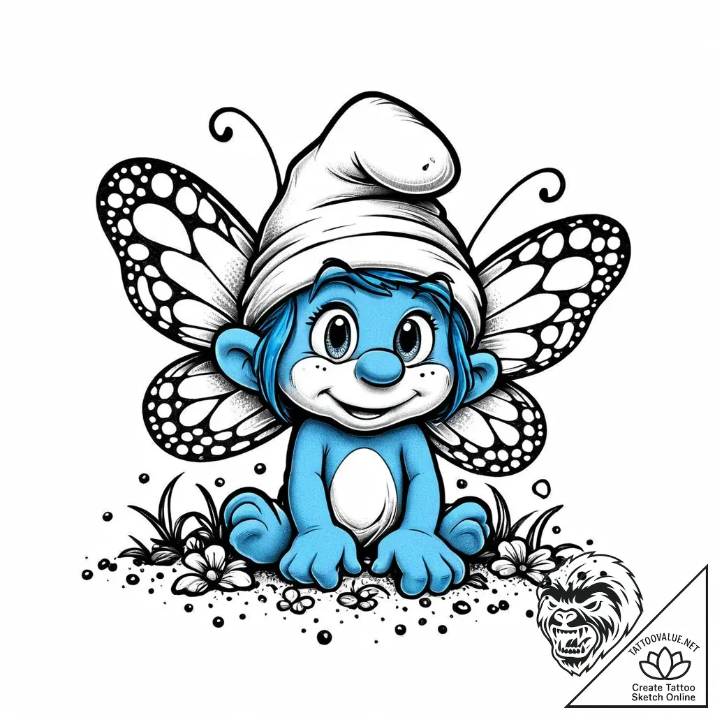 Tattoo sketch, clumsy smurf with butterfly la... - style Jaeger Mini - tattoo sketch (08.11.2025 08:18)