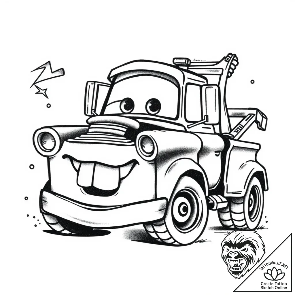 Tattoo sketch, mater rusty tow truck with goo... - style Flux Inscriptions - tattoo sketch (08.11.2025 08:48)