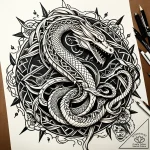 Unfurling serpent devouring rune, artistic ta… – style Jaeger Simple – tattoo sketch (08.11.2025 09:13)
