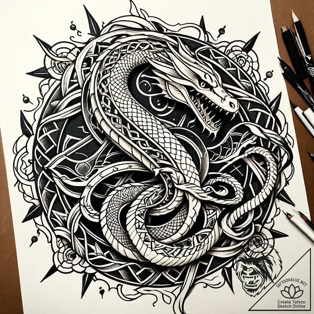 Unfurling serpent devouring rune, artistic ta... - style Jaeger Simple - tattoo sketch (08.11.2025 09:13)