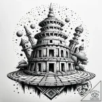 Komuso hat floating above ruins, ink illustra… – style Jaeger Simple – tattoo sketch (08.11.2025 09:53)