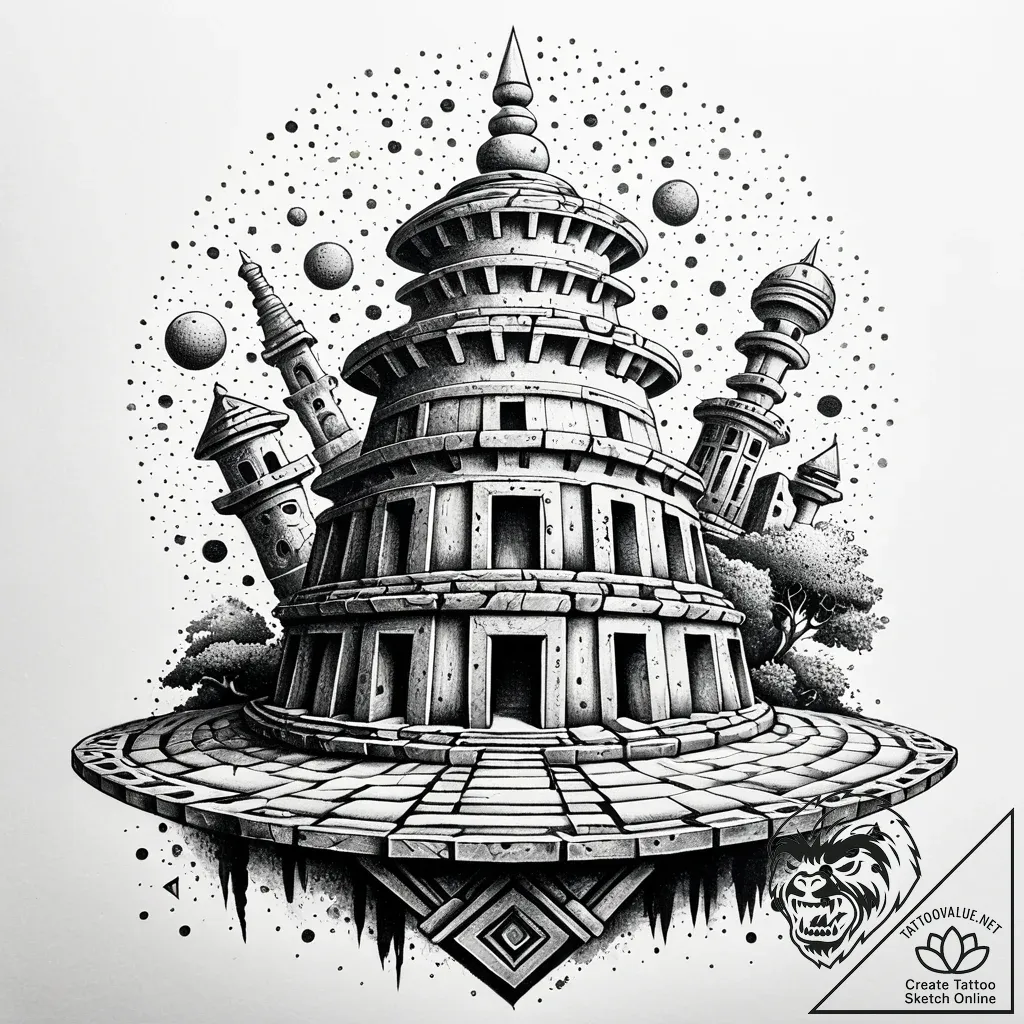 Komuso hat floating above ruins, ink illustra... - style Jaeger Simple - tattoo sketch (08.11.2025 09:53)