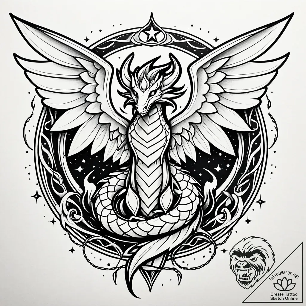Angel dragon with cosmic flames, tattoo drawi... - style Jaeger Simple - tattoo sketch (08.11.2025 10:13)