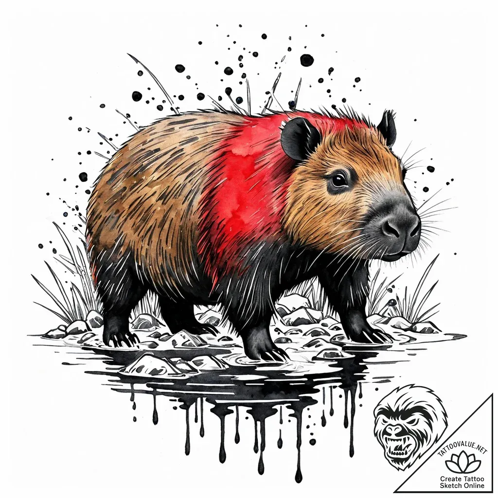 A capybara chilling in a hot spring, ink illu... - style Jaeger Mini - tattoo sketch (08.11.2025 10:18)