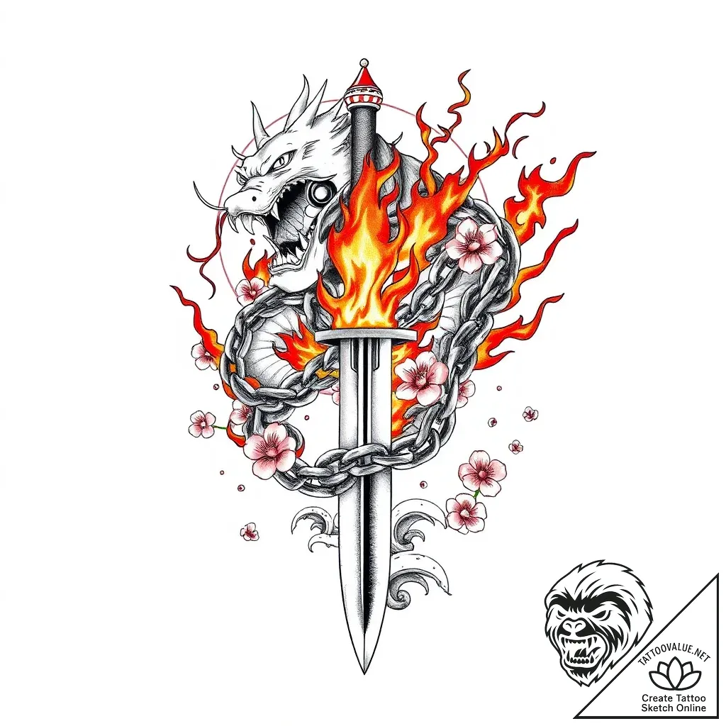 Flaming chain wrapped around dagger, tattoo s... - style Flux Inscriptions - tattoo sketch (08.11.2025 10:48)