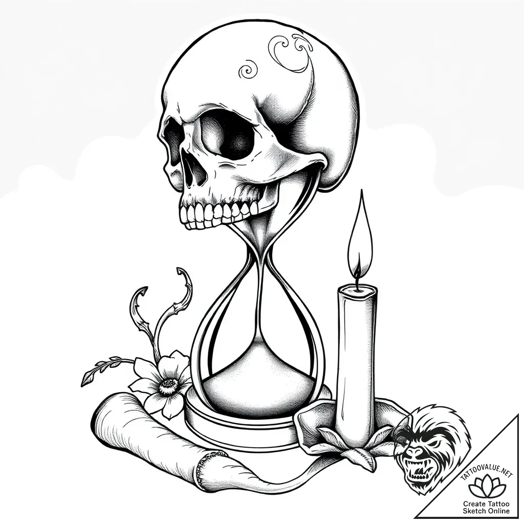 A memento mori still life (skull, hourglass,... - style Flux Inscriptions - tattoo sketch (08.11.2025 11:08)