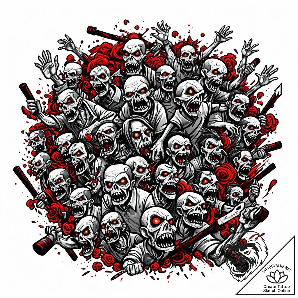 Zombie horde overwhelming a barricade, tattoo... - style Jaeger Mini - tattoo sketch (08.11.2025 11:18)