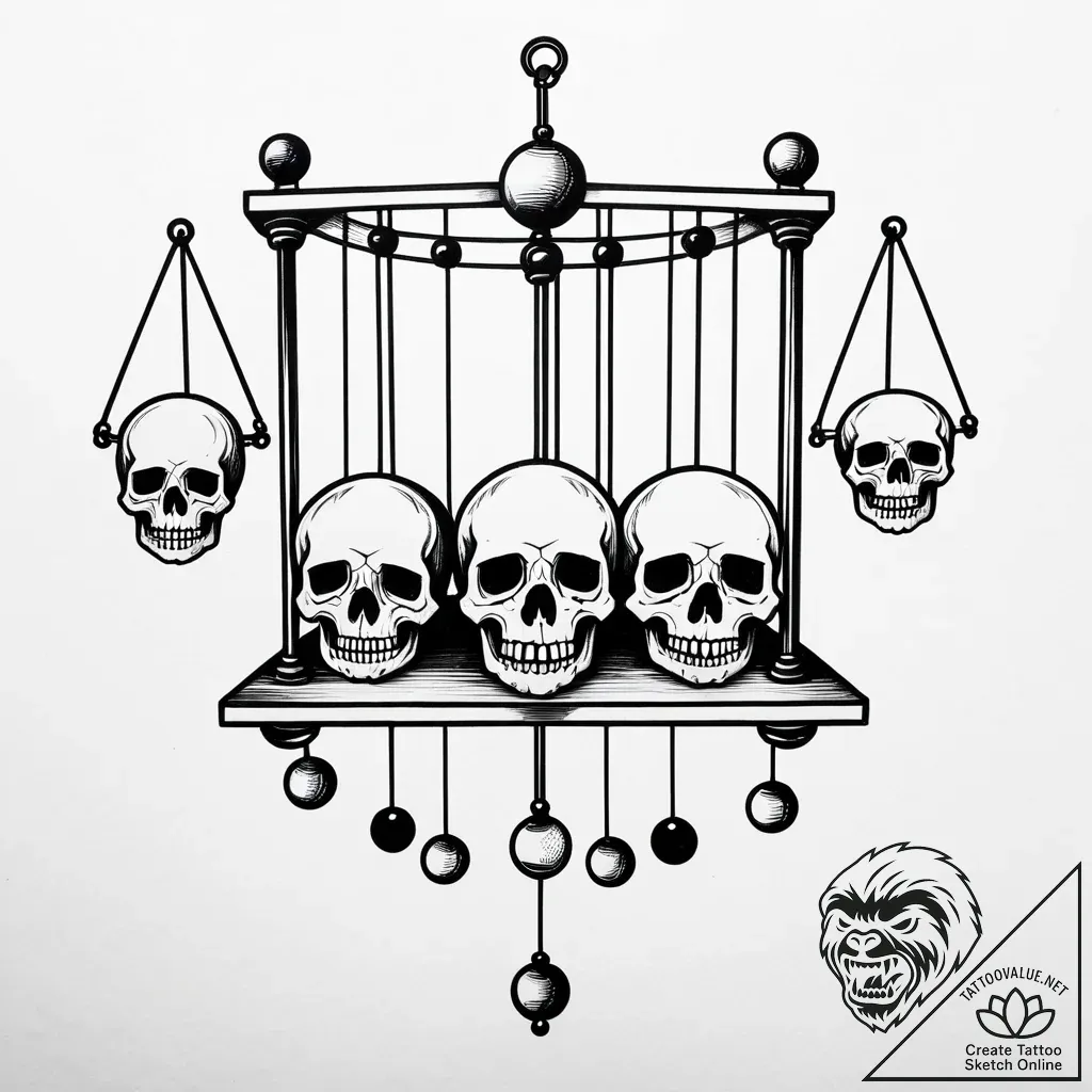 Newton's cradle, but the balls are human skul... - style Jaeger Simple - tattoo sketch (08.11.2025 11:33)
