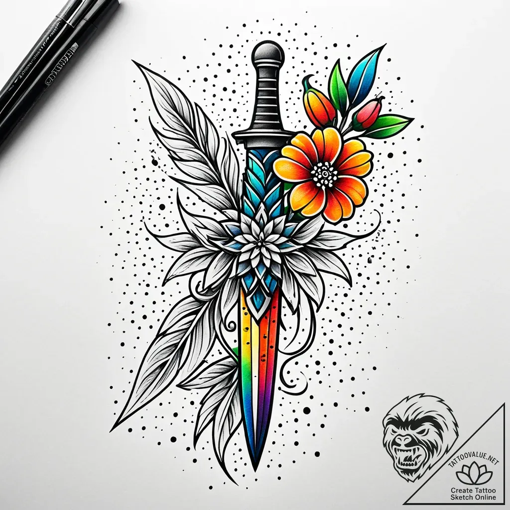 Kris dagger entwined with blossoms, artistic... - style Jaeger Simple - tattoo sketch (08.11.2025 12:13)