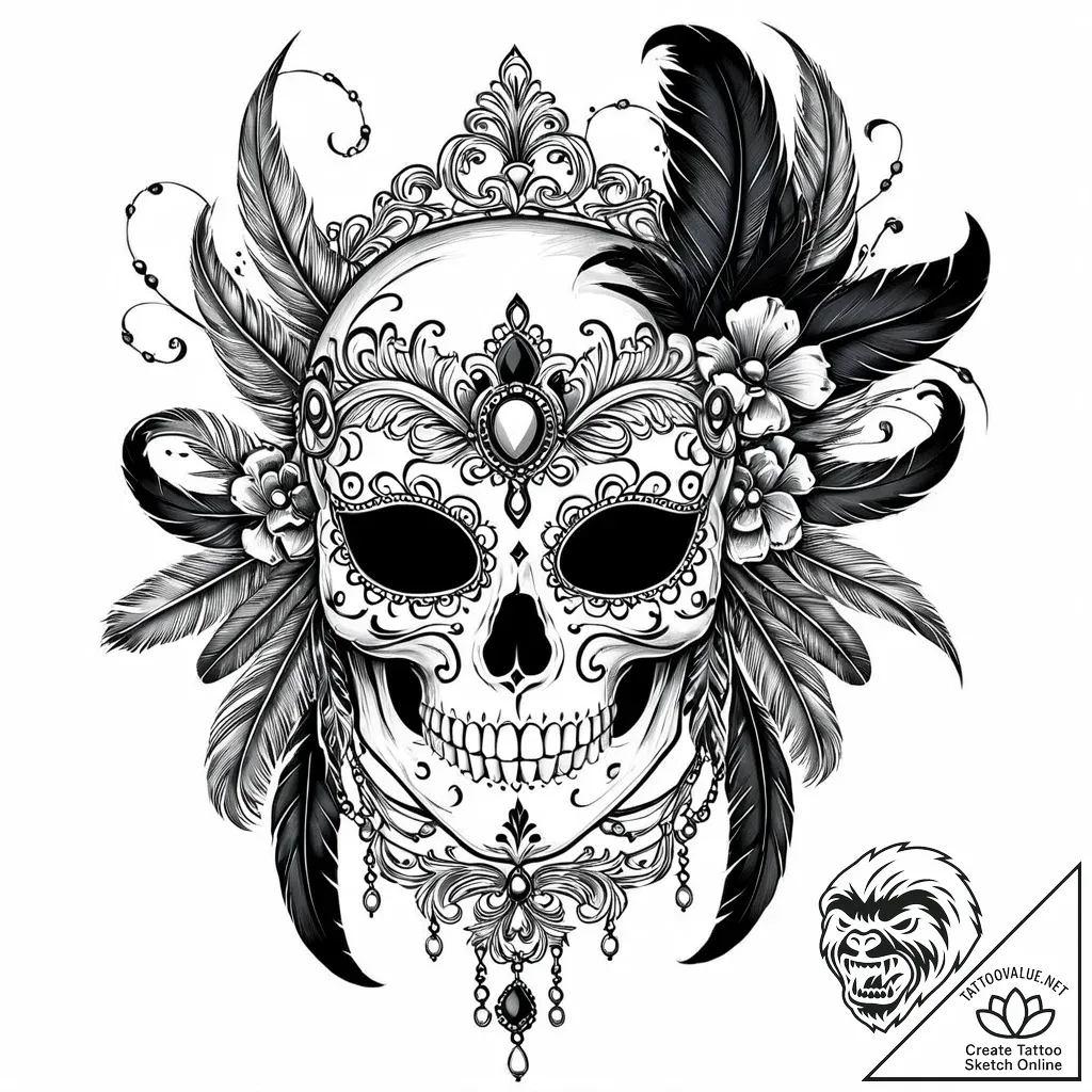 Tattoo sketch, skull wearing venetian carniva... - style Jaeger Mini - tattoo sketch (08.11.2025 12:18)