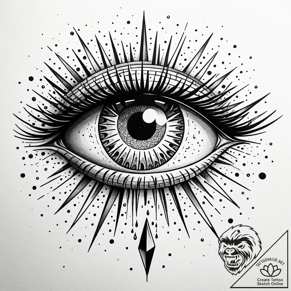 A single eye shedding a tear that becomes an... - style Jaeger Simple - tattoo sketch (08.11.2025 12:33)
