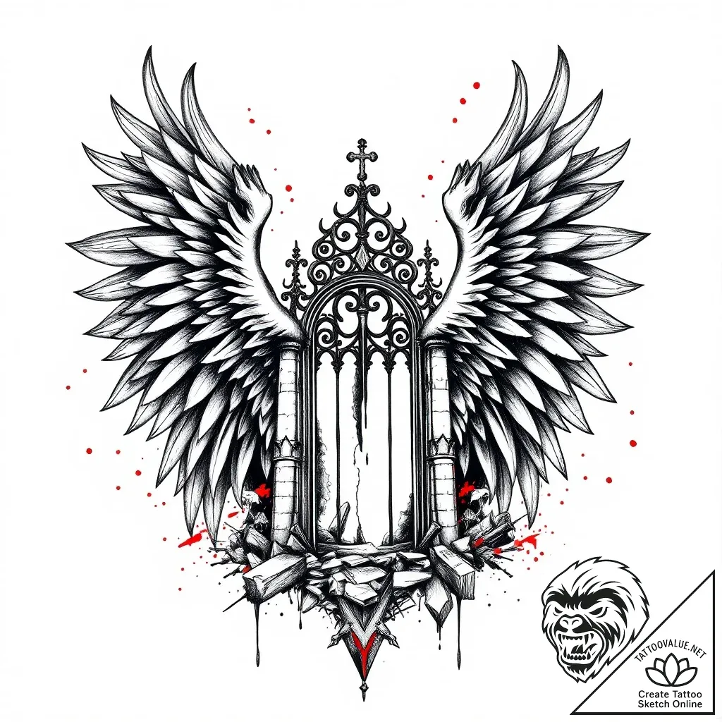 Graven wings beneath shattered gate, tattoo l... - style Flux Inscriptions - tattoo sketch (08.11.2025 13:08)