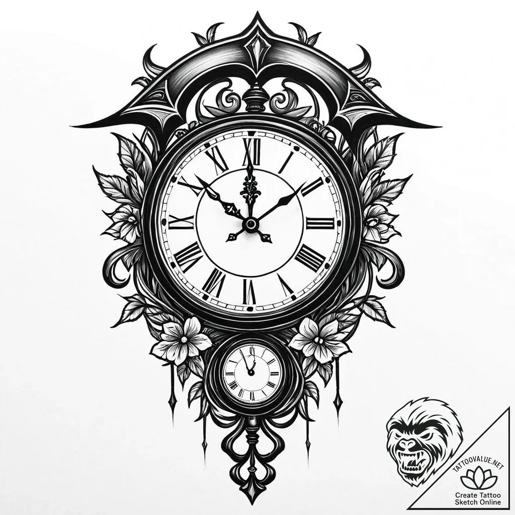 Grandfather clock with a pendulum swinging a... - style Jaeger Mini - tattoo sketch (08.11.2025 13:18)