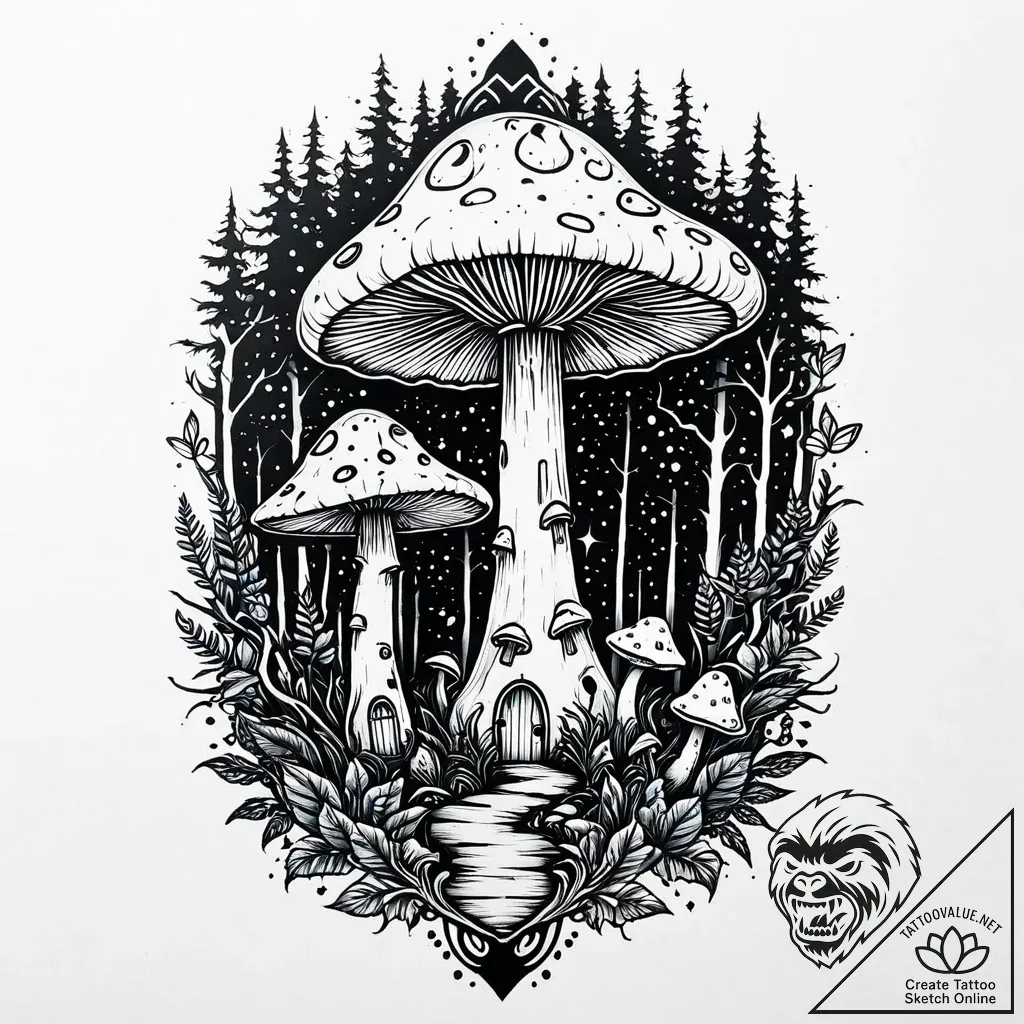 A mystical blue mushroom glowing in a dark fo... - style Jaeger Mini - tattoo sketch (08.11.2025 13:58)