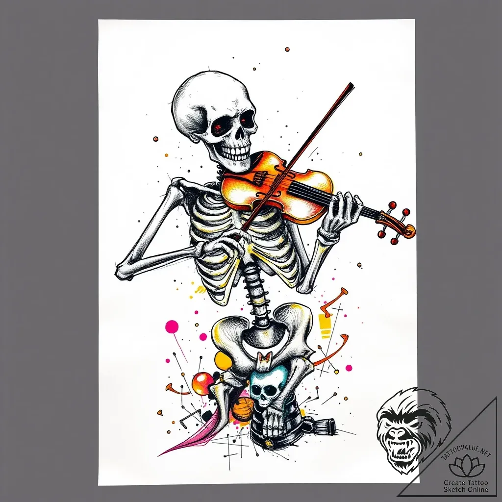 Animated skeleton playing violin, tattoo draw... - style Flux Inscriptions - tattoo sketch (08.11.2025 15:08)
