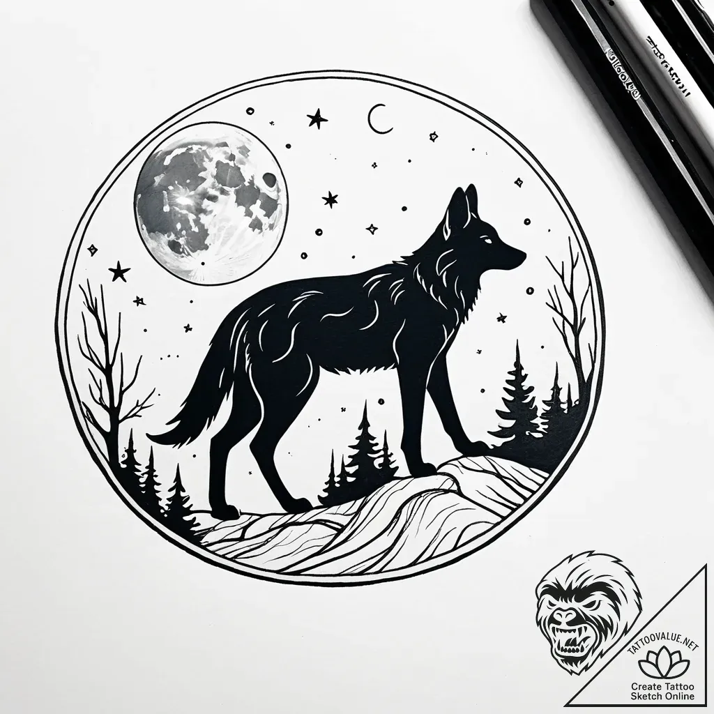 Tattoo sketch, spirit silhouetted against ful... - style Jaeger Simple - tattoo sketch (08.11.2025 15:13)