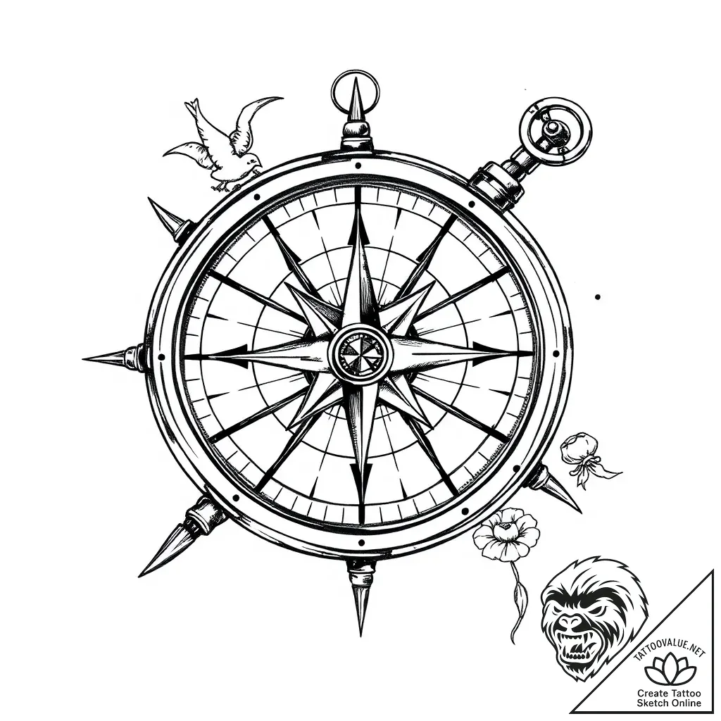Pirate compass spinning wildly, tattoo drawin... - style Flux Inscriptions - tattoo sketch (08.11.2025 16:08)