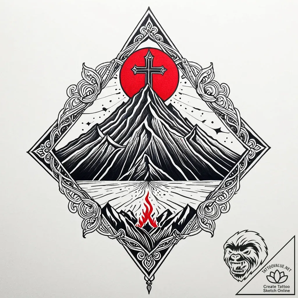 Volcano, dormant, symbolizing immense power h... - style Jaeger Mini - tattoo sketch (08.11.2025 17:18)