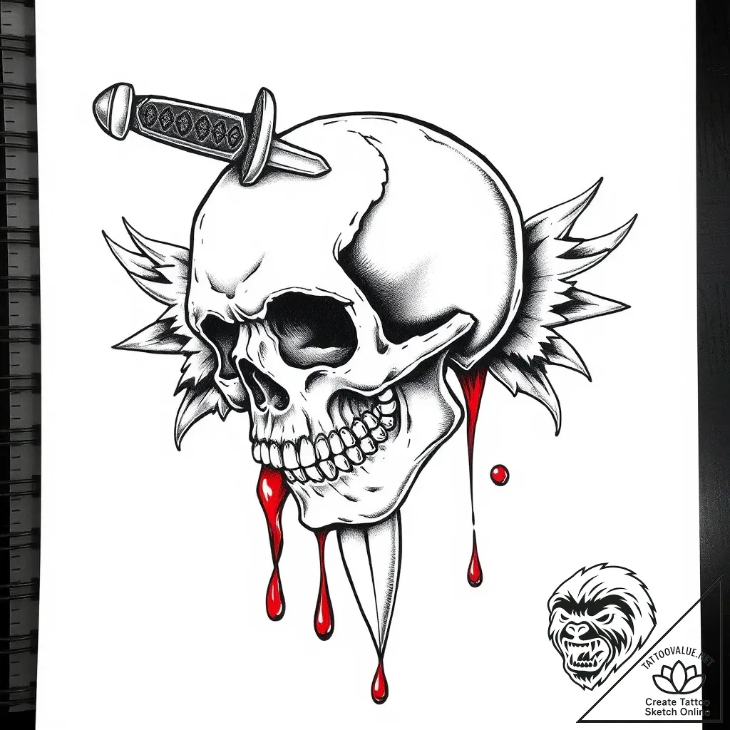 Tattoo sketch, skull with dagger piercing thr... - style Flux Inscriptions - tattoo sketch (08.11.2025 17:28)