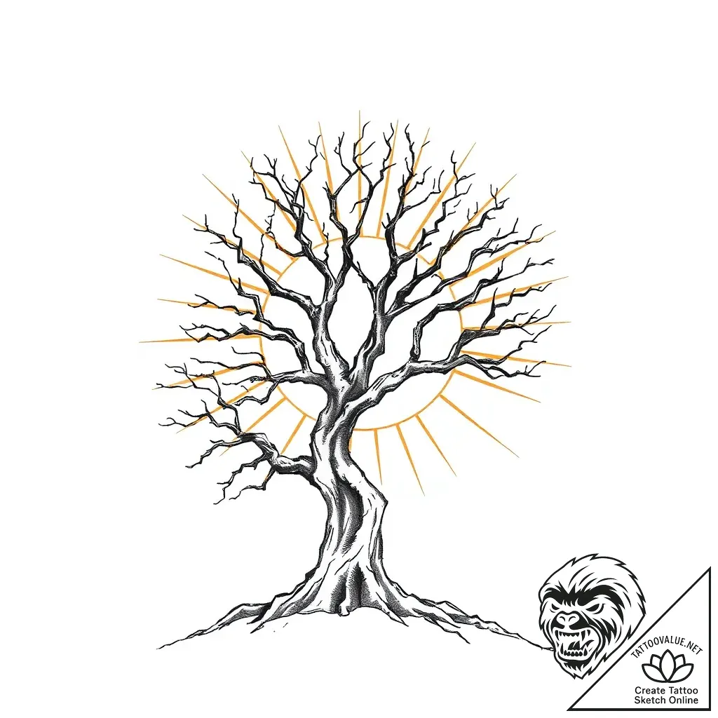 Sunburst behind skeletal tree, tattoo flash s... - style Flux Inscriptions - tattoo sketch (08.11.2025 17:48)