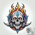 Flaming skull with two pistons crossed behind… – style Jagger Old – tattoo sketch (08.11.2025 19:03)