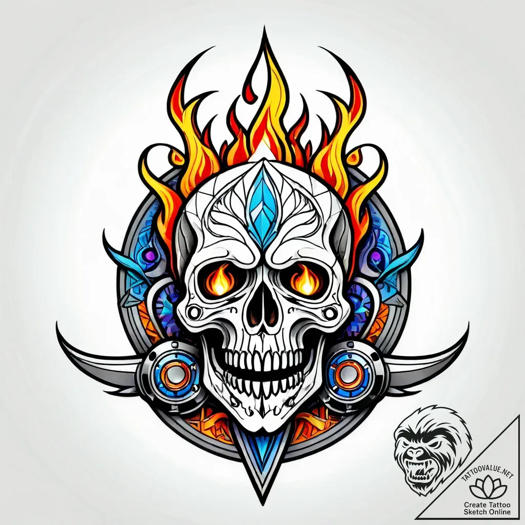 Flaming skull with two pistons crossed behind... - style Jagger Old - tattoo sketch (08.11.2025 19:03)
