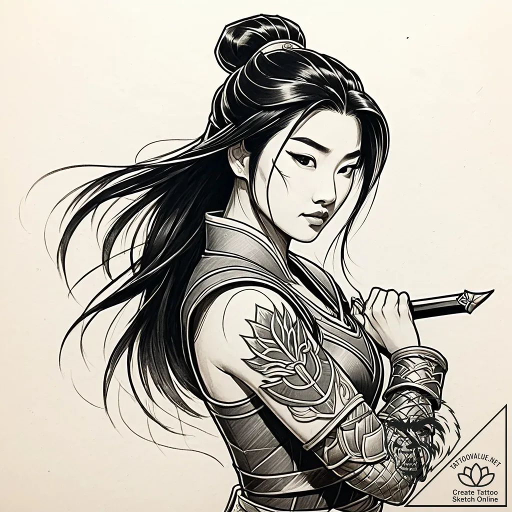Tattoo sketch, mulan ii mulan in warrior armo... - style Jaeger Simple - tattoo sketch (08.11.2025 19:33)