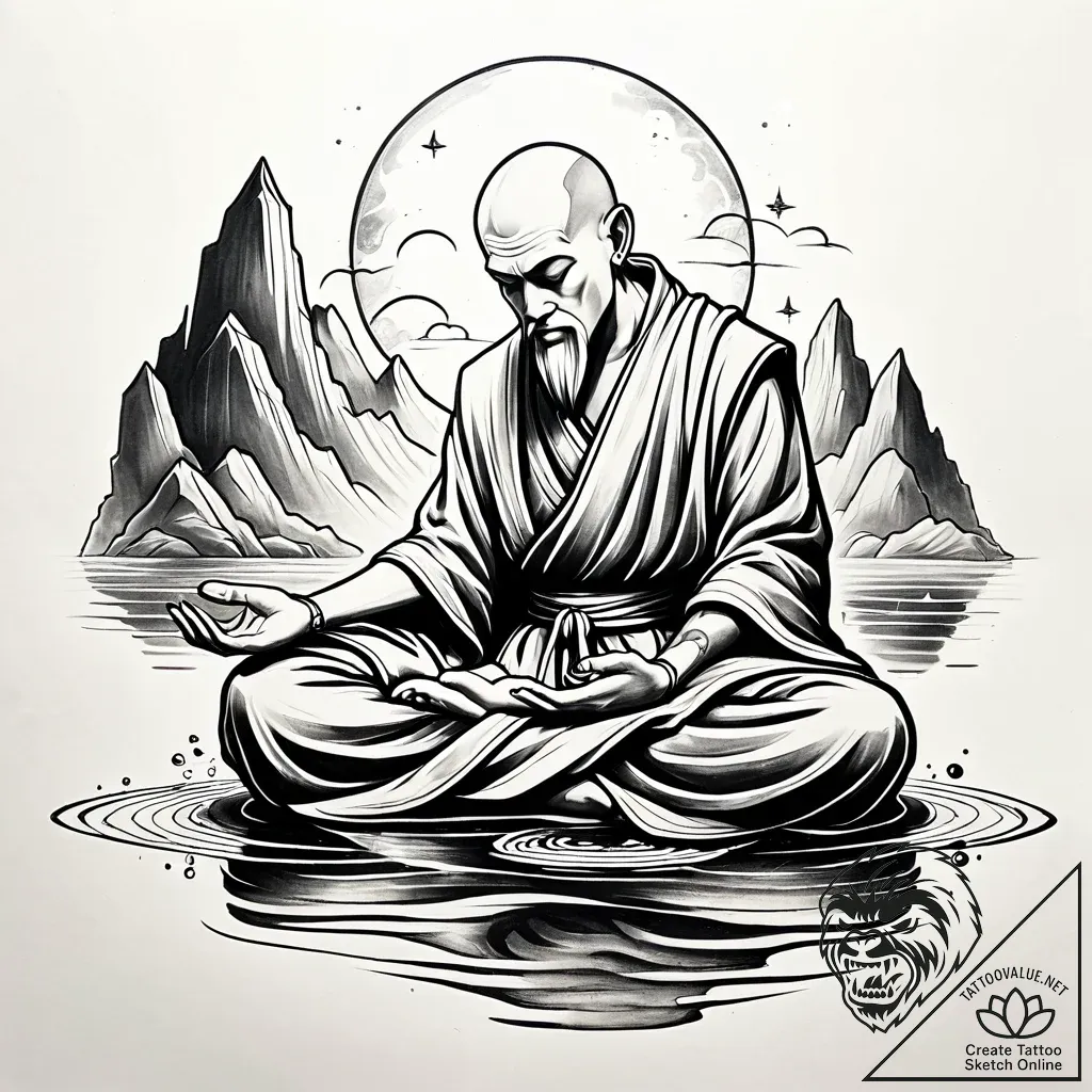 Monk in meditation, levitating over a calm la... - style Jaeger Simple - tattoo sketch (08.11.2025 20:13)